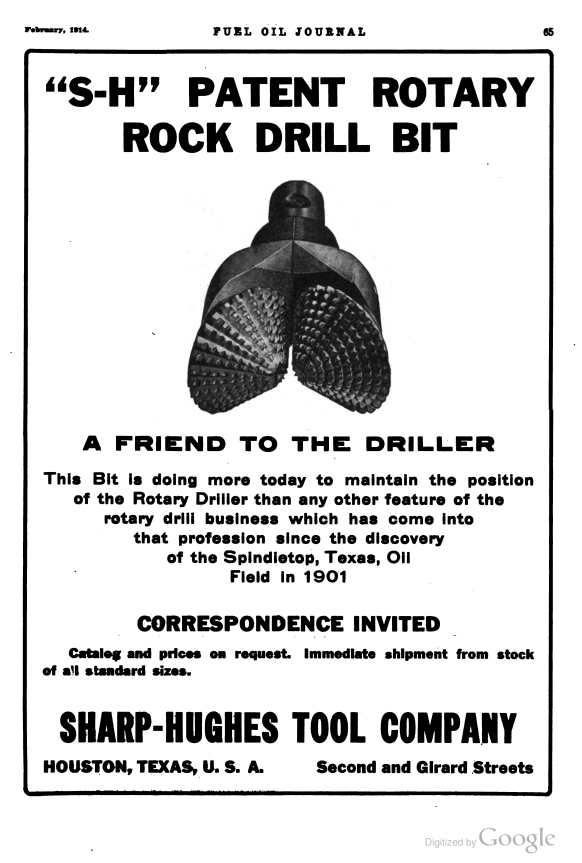 "S-H" Patent Rotary Drill But ad from Fuel Oil Journal February, 1914